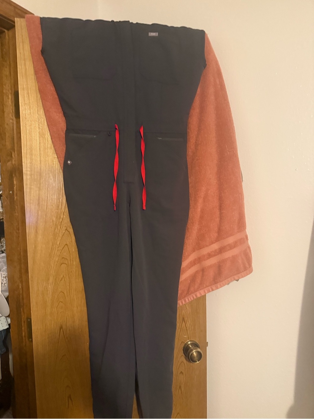 Figs Black Jumpsuit with Red Drawstrings
